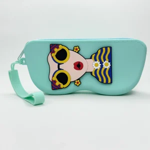 Etui à lunettes bleu cyan en silicone motif visage cartoon