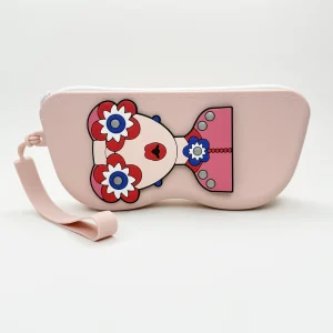 Etui à lunettes rose cerise en silicone motif visage cartoon