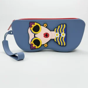 Etui à lunettes bleu gris en silicone motif visage cartoon